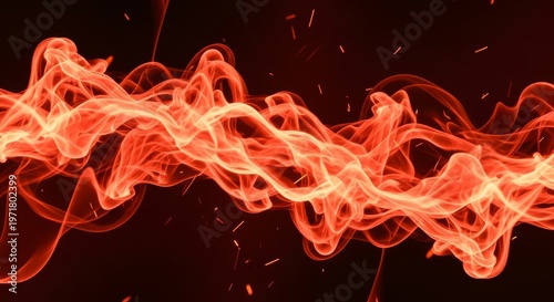 Dramatic scarlet and amber vapor waves flow in a fluid simulation, creating a cinematic fire effect with glowing embers and smoky trails, embers, flow, gaseous