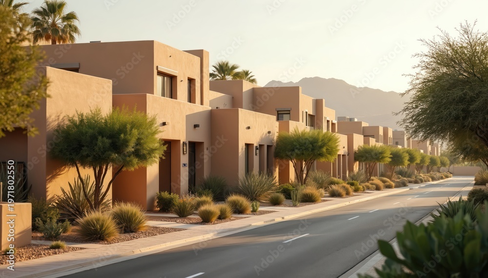 Fototapeta premium Row of modern beige desert homes with simple architecture and green trees line quiet street. Buildings have minimal design and are surrounded by arid plants. Sunlight casts soft shadows on exteriors.