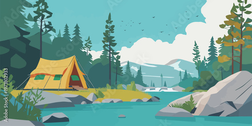 Camping by the river with a yellow tent in a green forest under a blue sky