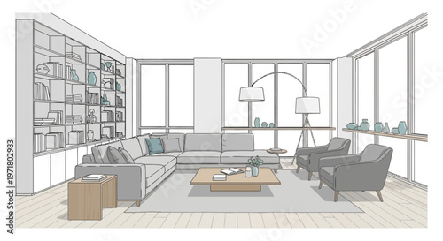 Modern living room interior sketch with large sectional sofa and floor-to-ceiling windows.