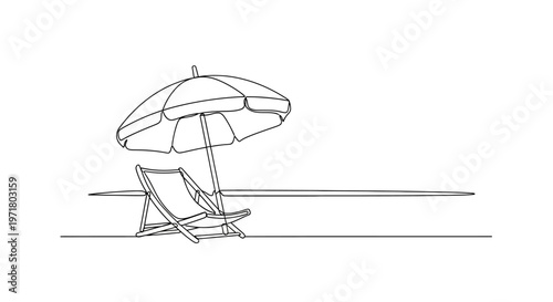 Minimalist beach scene with deck chair and umbrella, single line drawing