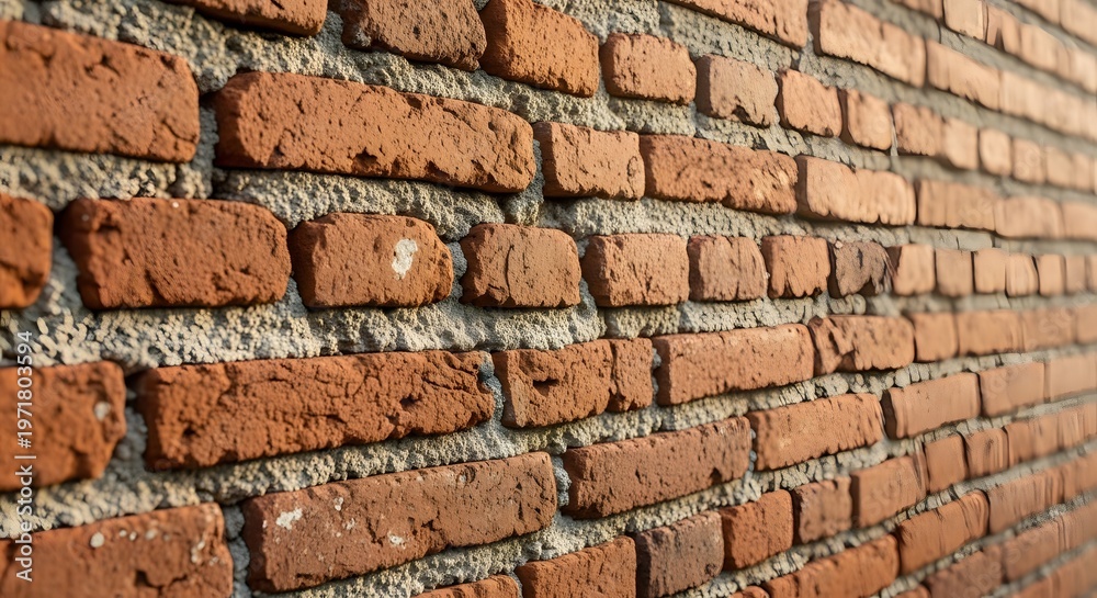 Fototapeta premium Close view of weathered red brick wall with rough mortar joints and textured brick surfaces