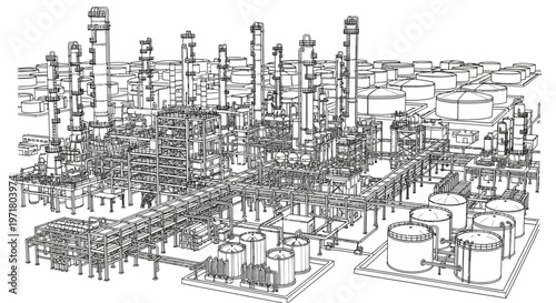 Detailed wireframe drawing of a large industrial oil refinery or chemical plant with numerous towers and storage tanks.