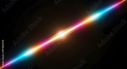 Vibrant diagonal neon light beam with glowing effect on black background, abstract futuristic energy concept and digital presentation backdrop