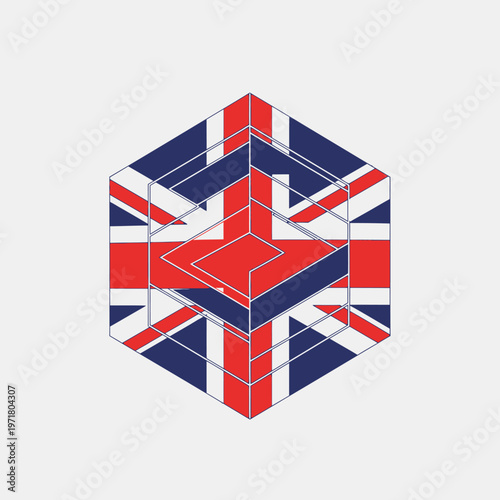 Union Jack Flag Cube Geometric Design.