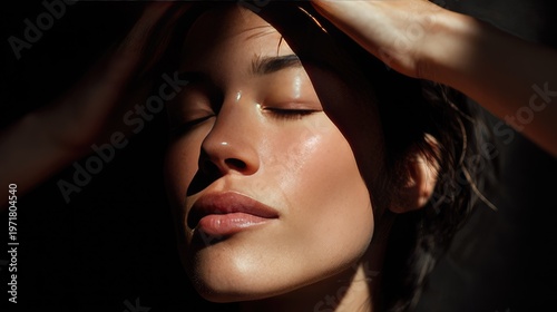 Close-up of a womans face with closed eyes, illuminated by a ray of sunlight.