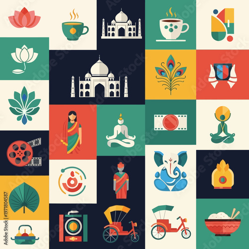 Vibrant Indian Culture and Travel Icons Collection.
