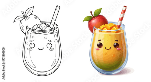 Cute Kawaii Mango Smoothie with Apple and Straw in Glass