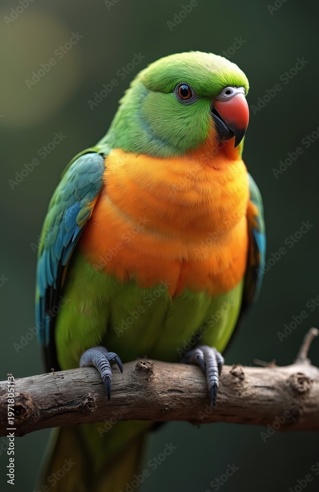 Obraz premium Bright green and orange parrot perches on a tree branch. This colorful bird has blue wing feathers and a red beak. It sits alertly in a natural outdoor setting.