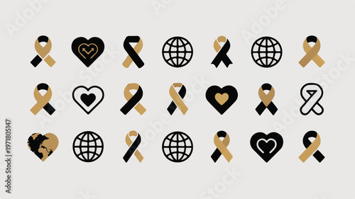 Set of awareness ribbons, hearts, and globes icons for social causes, charity, support, and global health