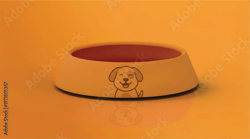 Orange pet bowl with cute cartoon dog face illustration on a matching background with pet food with pet accessory with food dish with water dish