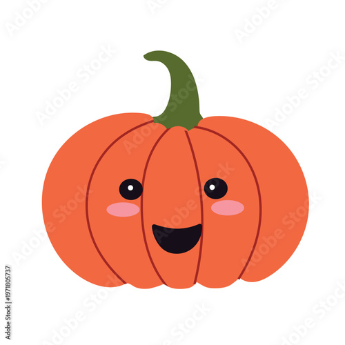 Adorable flat illustration of a smiling pumpkin character, isolated on a white background. Hand-drawn doodle style vector featuring a vibrant orange body, green stem, rosy cheeks, and a friendly kawai