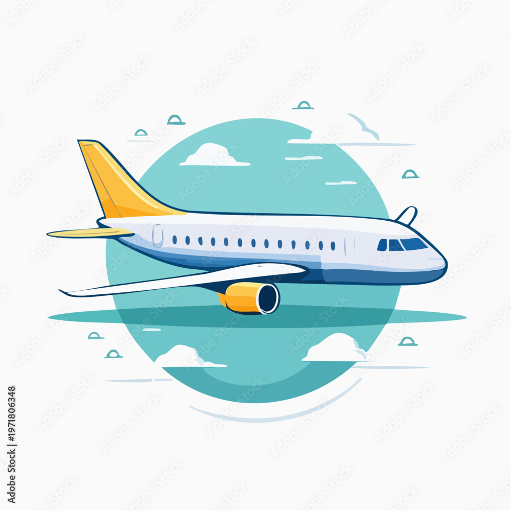 Fototapeta premium 飛行機のフラットベクターイラスト（横からの視点）