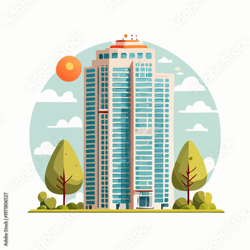 日本のモダンな高層分譲マンションのベクターイラスト