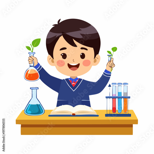 理科の実験をする日本の男の子のベクターイラスト