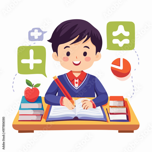 算数の問題を解く日本の男の子のベクターイラスト
