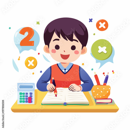 算数の問題を解く日本の男の子のベクターイラスト