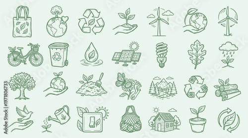 A collection of hand-drawn green icons representing environmental conservation, sustainability, and eco-friendly practices.