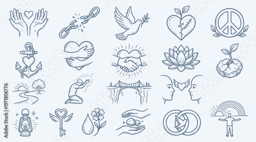 Collection of hand-drawn icons representing concepts of love, peace, unity, hope, and connection.