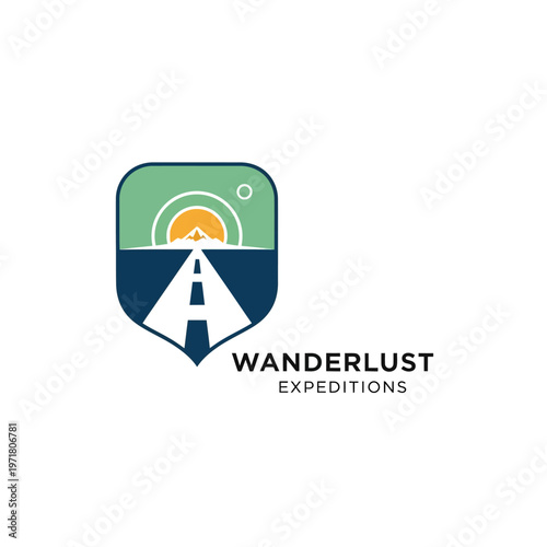 Wanderlust Expeditions Logo with Road and Sunset Motif.
