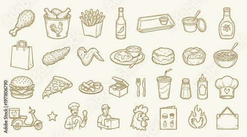 A charming collection of hand-drawn icons representing various fast food items, drinks, and related elements, perfect for culinary branding and design.