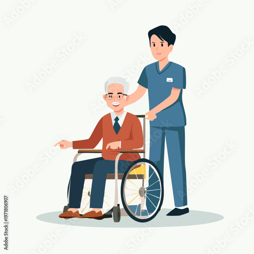高齢者を介助する男性介護士のベクターイラスト