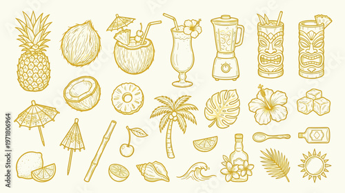 A collection of hand-drawn tropical-themed elements including fruits, drinks, tiki masks, and beach accessories, rendered in a sketch style.