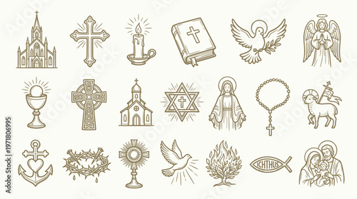 A collection of religious symbols and iconography, including churches, crosses, a bible, doves, angels, and other sacred imagery.