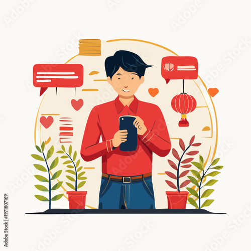 スマートフォンを操作する男性のイラスト SNS・連絡