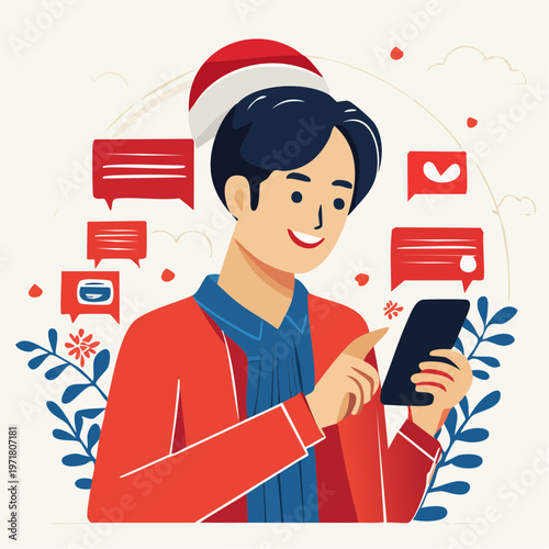 スマートフォンを操作する男性のイラスト SNS・連絡