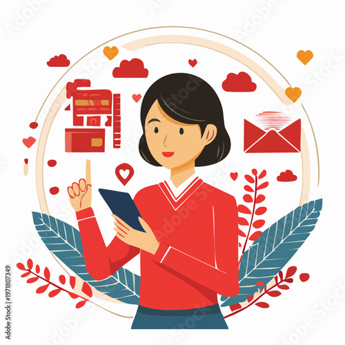 スマートフォンを操作する女性のイラスト SNS・連絡