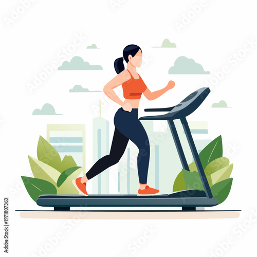 ランニングマシンで走る女性のイラスト ジム・有酸素運動
