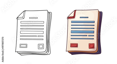Document Stack Outline and Color Illustration
