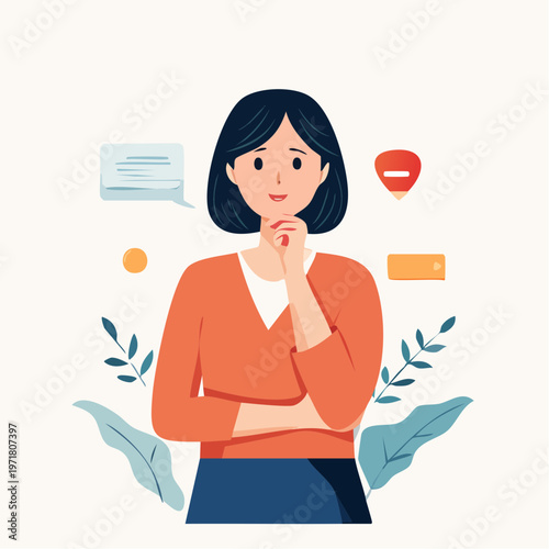 悩み事を考える女性のイラスト トラブル・不安