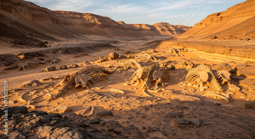 Whale Skeleton Wadi El Hitan. Ancient fossilized whale bones preserved in a desert landscape