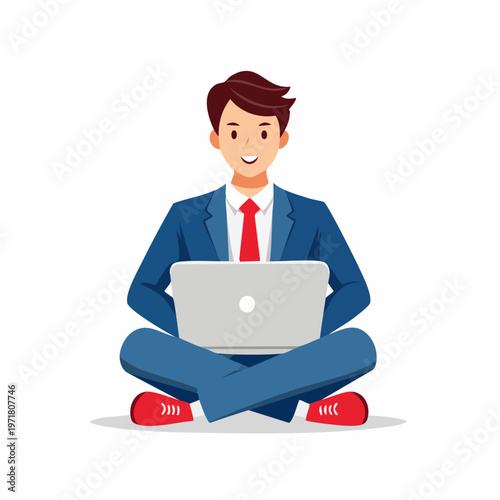 ノートパソコンで仕事をするビジネスマンのイラスト リモートワーク・DX