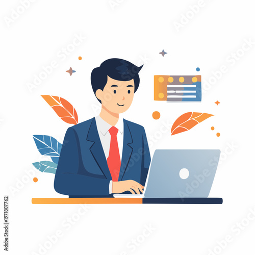 ノートパソコンで仕事をするビジネスマンのイラスト リモートワーク・DX