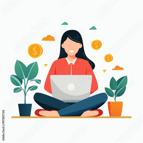 ノートパソコンで仕事をするビジネスウーマンのイラスト リモートワーク・DX