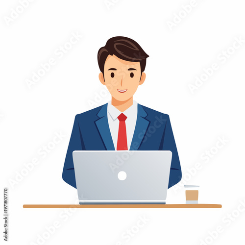 ノートパソコンで仕事をするビジネスマンのイラスト リモートワーク・DX