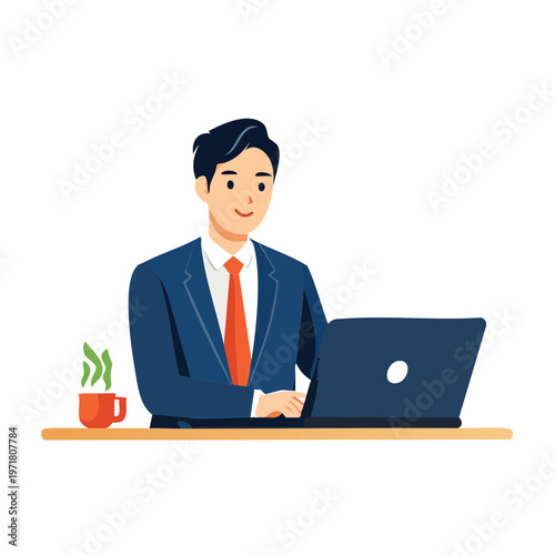 ノートパソコンで仕事をするビジネスマンのイラスト リモートワーク・DX