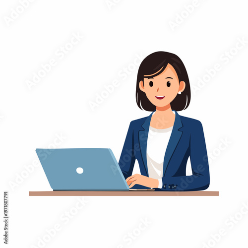 ノートパソコンで仕事をするビジネスウーマンのイラスト リモートワーク・DX