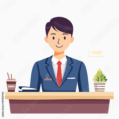 受付で案内をする男性スタッフのイラスト 接客・ビジネス