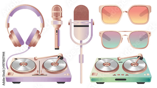 Pastel gradient music studio equipment and fashion accessories set with headphones, microphones, and stylish sunglasses, record player, dj mixer