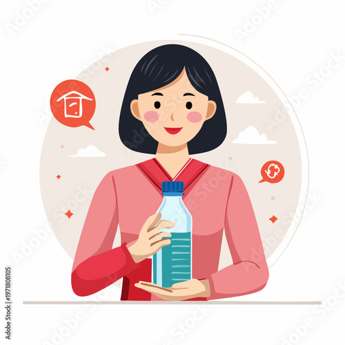 マイボトルを持つ女性のイラスト 水分補給・エコ