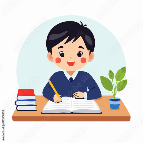 ノートを開いて勉強する男の子のイラスト 教育・学習塾