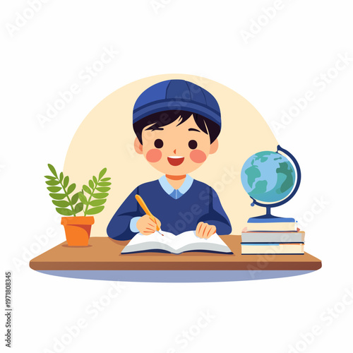 ノートを開いて勉強する男の子のイラスト 教育・学習塾