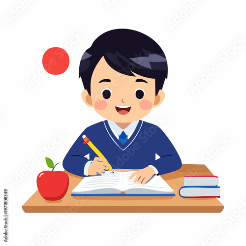 ノートを開いて勉強する男の子のイラスト 教育・学習塾