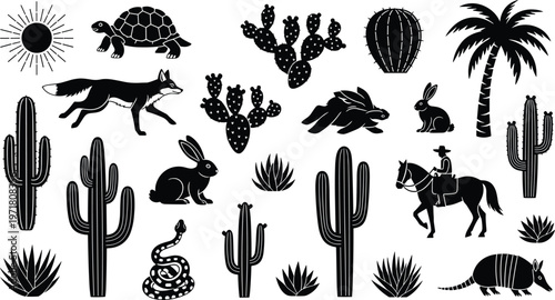 Desert wildlife and cactus silhouette collection featuring fox turtle rabbit armadillo horse rider plants and sun isolated vector set