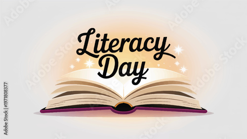 Literacy day open book with glowing light and sparkling details vector illustration