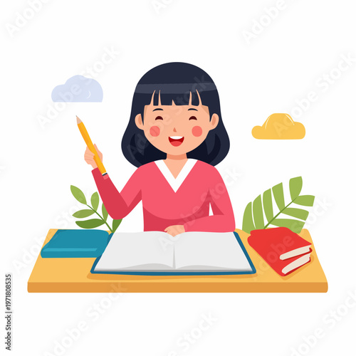 ノートを開いて勉強する女の子のイラスト 教育・学習塾